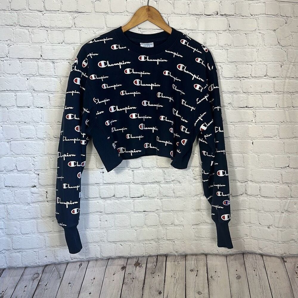 Champion Reverse Weave‎ All Over Print Cropped Crewneck Sweatshirt size L Large